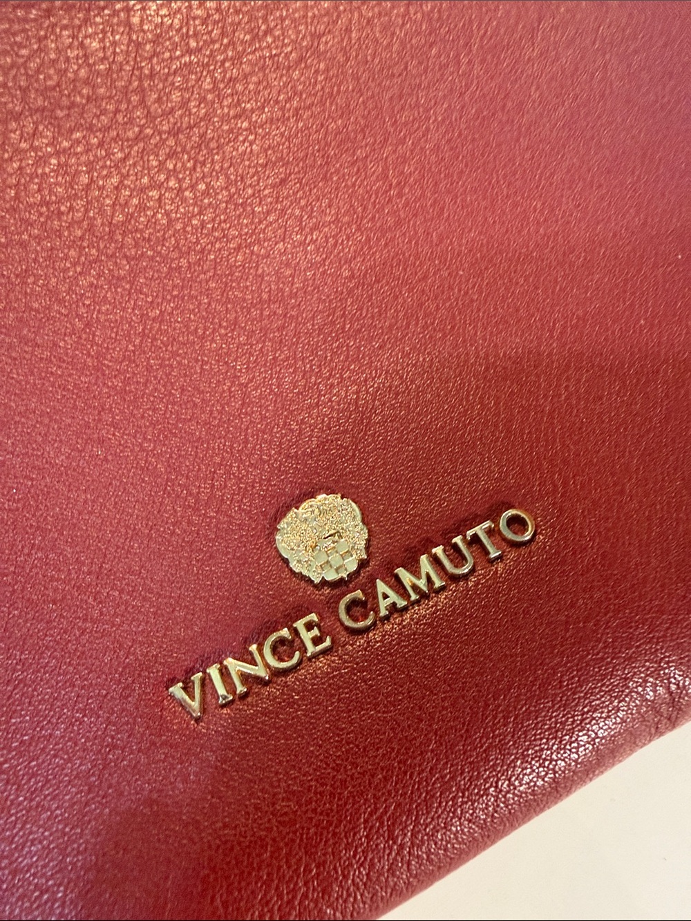 Vince Camuto Burgundy Leather Crossbody with Gold Logo 7” x 10” strap 22” appx - Picture 3 of 13